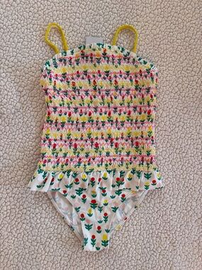 Stella McCartney Kids White Floral Smocked One-Piece with Yellow Straps